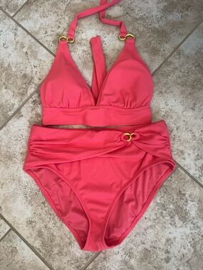 Bleu Rod Beattie Coral Pink High-Waist Bikini Set top size 12, bottoms 14